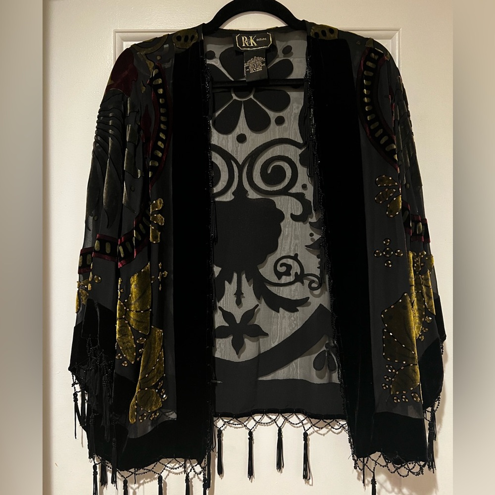 Vintage Silk and Velvet Embellished Fringe Kimono